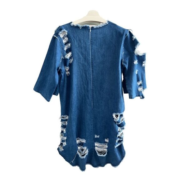 FASHION NOVA Distressed Hi-lo Denim Dress Size L. - Picture 5 of 7